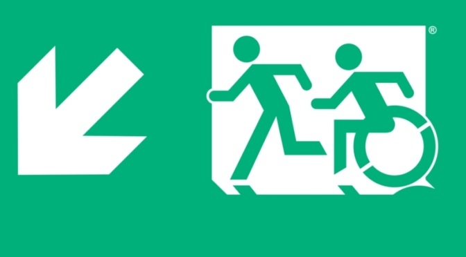 Accessible Means of Egress Page Header, Runing Man Wheelie Man part of the Accessible Exit Sign Project