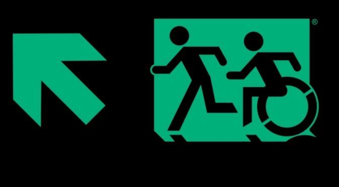 Accessible Means of Egress Page Header, running Man Wheelie Man part of the Accessible Exit Sign Project
