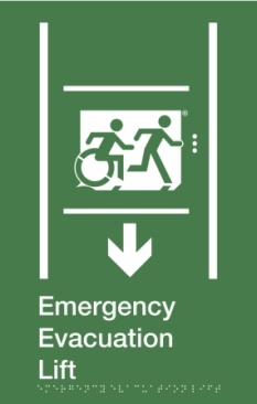 Emergency Evacuation Lift Running Man Wheelie Man Right Hand Down Arrow Accessible Exit Sign with braille Exit Sign Project Wheelchair Accessible Means of Egress Icon