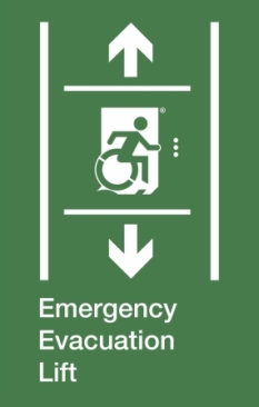 Emergency Evacuation Lift Wheelie Man Right Hand Up and Down Arrows Exit Sign Project Wheelchair Accessible Means of Egress Icon