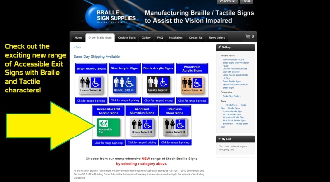 Braille Sign Supplies Webpage screen image